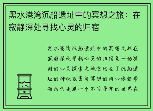 黑水港湾沉船遗址中的冥想之旅:在寂静深处寻找心灵的归宿