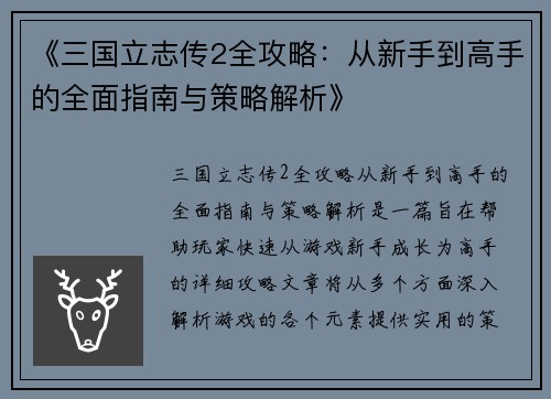 《三国立志传2全攻略：从新手到高手的全面指南与策略解析》