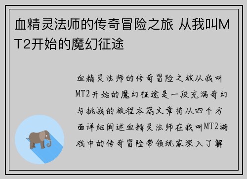血精灵法师的传奇冒险之旅 从我叫MT2开始的魔幻征途